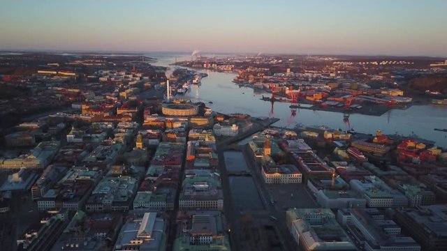 4k Drone footage - Beautiful cityscape of Gothenburg Sweden at sunrise