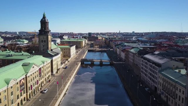 4k Drone footage - Big Harbour Canal and Christina Church. Gothenburg, Sweden