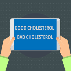 Text sign showing Good Cholesterol Bad Cholesterol. Conceptual photo Fats in the blood come from the food we eat.