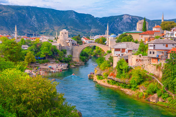 Fototapeta na wymiar view of Mostar city and famous bridge 
