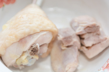 Boiled chicken meat. Dietary food. Meat on the bone.