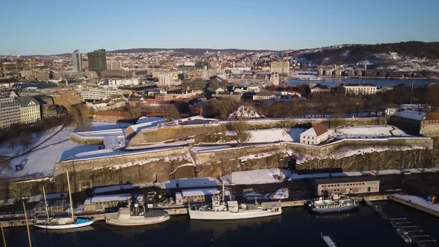 4k Aerial drone footage - Sunset over Akershus Fortress in Oslo, Norway.
