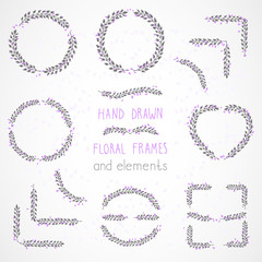 Vector set of floral hand drawn frames and decorative elements.