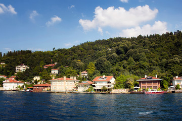 Fototapeta na wymiar View of houses by Bosphorus on Asian side of Istanbul. It is a sunny summer day.