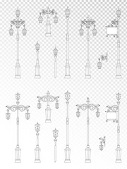 Vector set of street lights on transparent background. Collection in flat style. Monochrome.