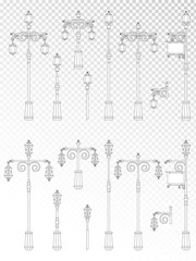 Vector set of street lights on transparent background. Collection in flat style. Monochrome.