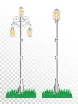 Vector setset of two street lights with grass on a transparent background. Collection in flat style. Сolorful.