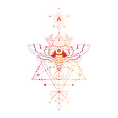 Vector illustration with hand drawn dead head moth and Sacred geometric symbol on white background. Abstract mystic sign. 