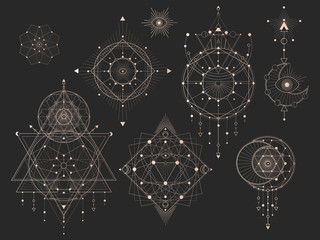 Vector set of Sacred geometric symbols with moon, eye, arrows, dreamcatcher and figures on black background. Gold abstract mystic signs collection drawn in lines. For you design.