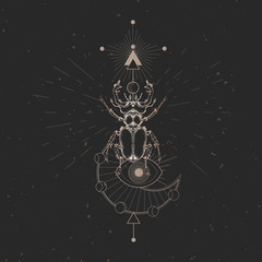 Vector illustration with hand drawn stag beetle and Sacred geometric symbol on black vintage background. Abstract mystic sign. Gold linear shape.For you design.