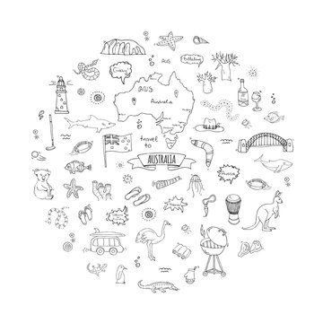 Hand drawn doodle Australia icons set Vector illustration isolated symbols collection of australian symbols Cartoon elements: map, flag, opera house, bbq, kangaroo, bridge, coral reef, snake, shark