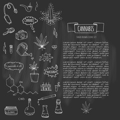 Hand drawn doodle Cannabis icons set Vector illustration sketchy symbols collection Cartoon concept elements Marijuana, Bag, Medical Use, Leaf, Drug, Legalization, CBD chemical formula, pipe, joint