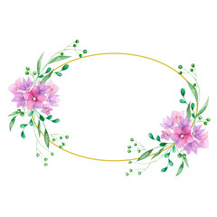 Wedding Invitation, floral invite card, olive floral and magnolia geometric golden frame print. White background