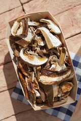 Dried mushrooms porcini mushrooms collected in the forest.