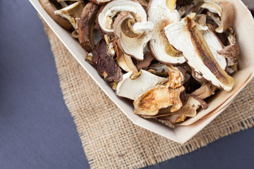 Dried mushrooms porcini mushrooms collected in the forest.