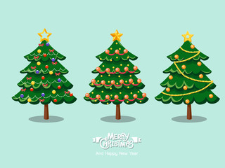 Collection of cartoon Christmas trees. Merry Christmas and happy new year for decorative element on holiday. Vector Illustration.