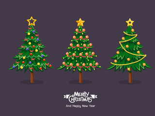 Collection of cartoon Christmas trees. Merry Christmas and happy new year for decorative element on holiday. Vector Illustration.