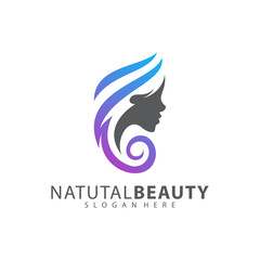 Beauty Woman face with hair logo design vector template.