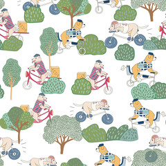 Dogs ride bicycles. Animals travel on business In a park with green trees. Circus with dogs. Baby print for boys and girls.