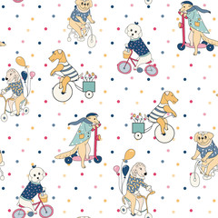 Dogs ride bicycles. Animals travel on business. Circus with dogs. Baby print for boys and girls.