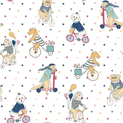 Foto op Plexiglas Dieren onderweg Honden rijden op fietsen. Dieren reizen voor zaken. Circus met honden. Babyprint voor jongens en meisjes.