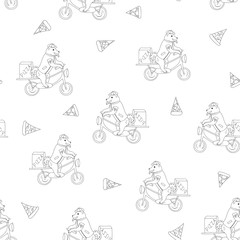 Dogs ride bicycles. Animals travel on business. Circus with dogs. Baby print for boys and girls. Pizza delivery