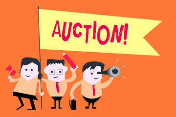Word writing text Auction. Business concept for Public sale Goods or Property sold to highest bidder Purchase.
