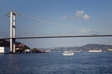 View of a tour boat, Bosphorus bridge, European and Asian sides of Istanbul.