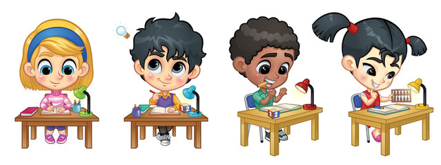 Set of Children Studying on Table: Writing and counting_Vector Illustration EPS 10
