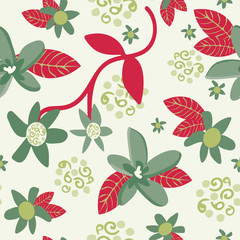Beautiful Christmas seamless vector floral pattern, red and green with filigree berries. Traditional holiday red and green colors on an off white background. For textiles, decorations and invitations.