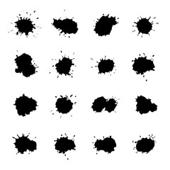 Set of 16 Black Abstract Drops, Watercolor Painted, Isolated on White - 229102014