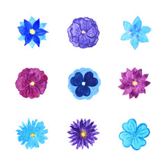 Set of Various Blue and Purple Watercolor Blooming Flowers Isolated on White Background - 229102017