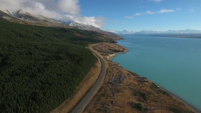 Lake Pukaki and road to Mount Cook, aerial view, Mackenzie country, New Zealand