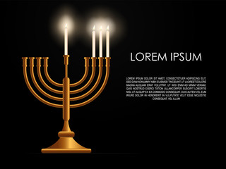 Jewish third day holiday Hanukkah background, realistic menorah (traditional candelabra), burning candles, blur effect. Religious holiday art, Happy Hanukkah Vector illustration