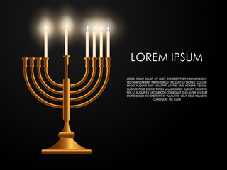 Fototapeta premium Jewish fifth day holiday Hanukkah background, realistic menorah (traditional candelabra), burning candles, blur effect. Religious holiday art, Happy Hanukkah Vector illustration