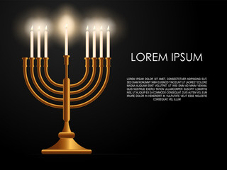 Jewish seventh day holiday Hanukkah background, realistic menorah (traditional candelabra), burning candles, blur effect. Religious holiday art, Happy Hanukkah Vector illustration