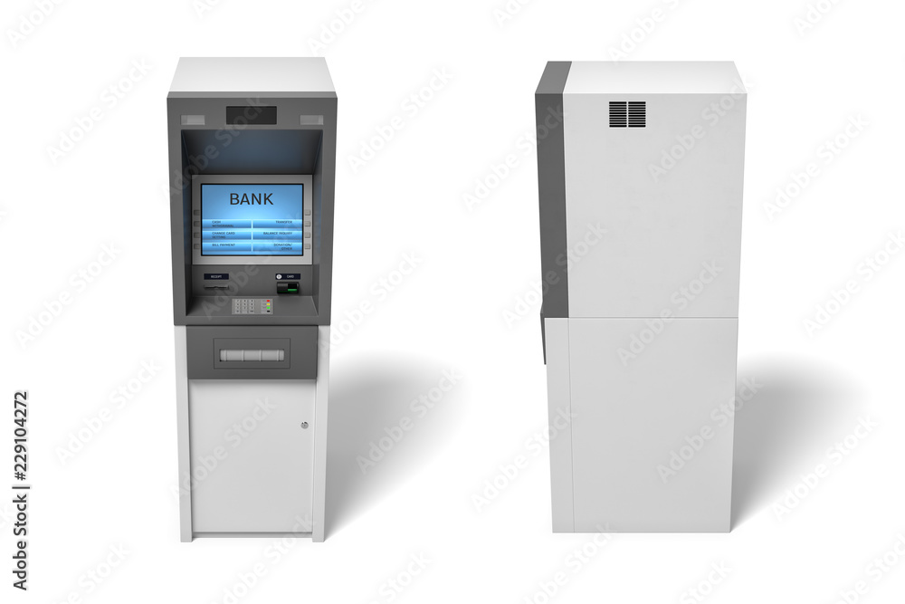 Poster 3d rendering of an isolated bank atm machine with a lit blue screen on white background.