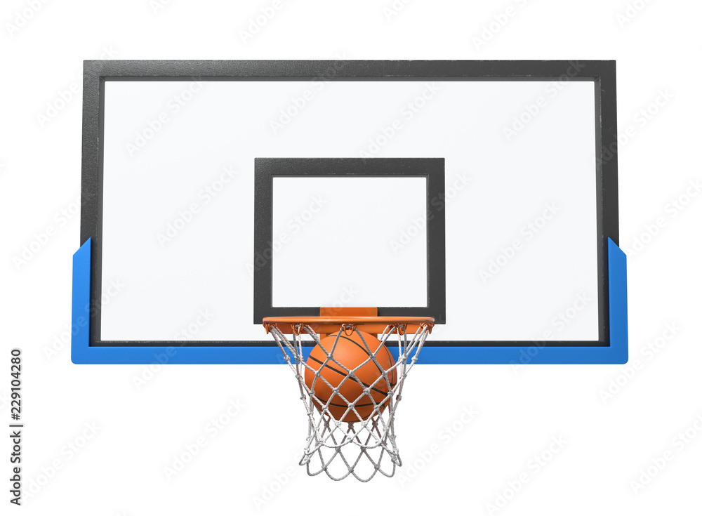 Poster 3d rendering of a basketball ball falling inside a basket attached to a transparent backboard.