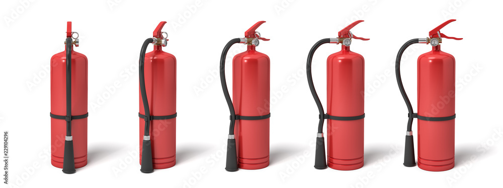 Poster 3d rendering of six red fire extinguishers standing on a white background in different angles.