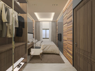 Fototapeta na wymiar Small bedroom with wooden wall , 3d rendering
