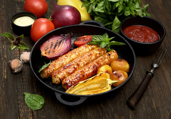 grilled, juicy sausages in a pan on a wooden background