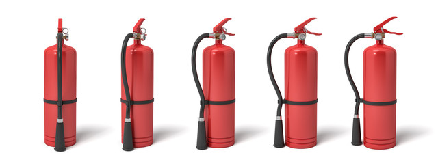 3d rendering of six red fire extinguishers standing on a white background in different angles.