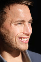 Handsome man model smiling portrait. Headshot of attractive good looking happy male beauty, stylish men.