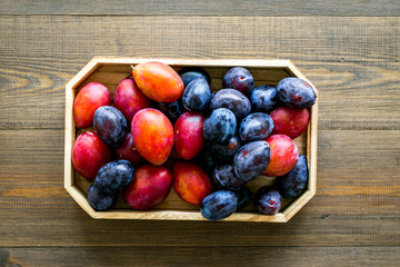 Plums on dinning table. Fresh raw red and blue plum in wooden tray on wooden background top view copy space