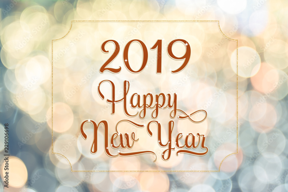 Aufkleber happy new year 2018 red sparkling glitter word with golden frame at abstract blurred bokeh light bac