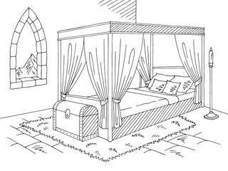 Castle interior bedroom graphic black white medieval sketch illustration vector