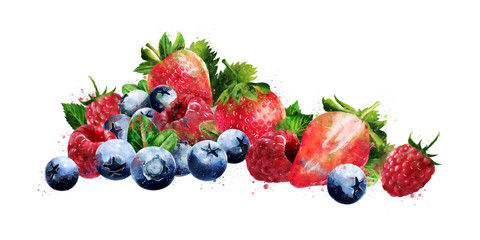 Obraz na płótnie Canvas Raspberries, blueberries and strawberries on white background. Watercolor illustration