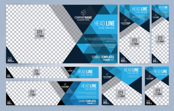 Blue And Black Web Banners Templates, Standard Sizes With Space For Photo, Modern Design