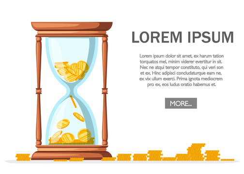 Hourglass with coins. Classic design of timer sand. Wooden material. Saving money, banking design. Flat vector illustration on white background. Web site page and mobile app design