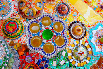 Lovely colorful mosaic designs made with pottery shards and glass gems, at Pha Sorn Kaew, in Khao Kor, Phetchabun, Thailand